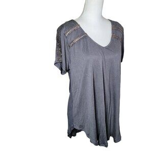 Kori Short Sleeved Shirt Gray Gold Womens Large Eyelet Lace Detail Embellishment